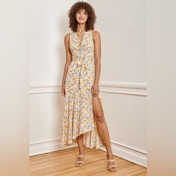 Lulu’s Watching the Blooms Yellow Floral High-Low Midi Dress Size Medium - Picture 1 of 16